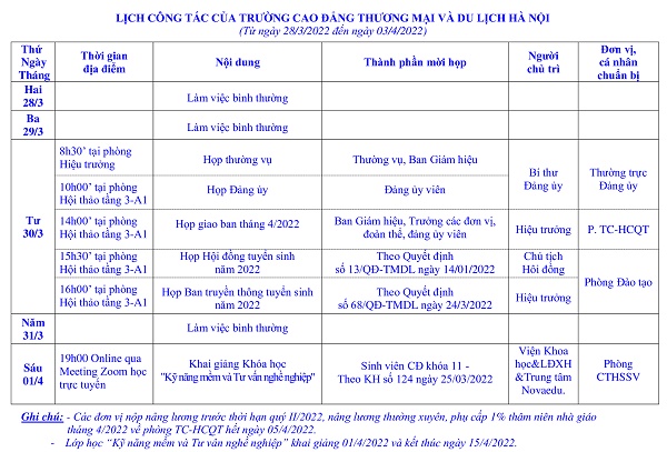 HCCT Lịch công tác tuần