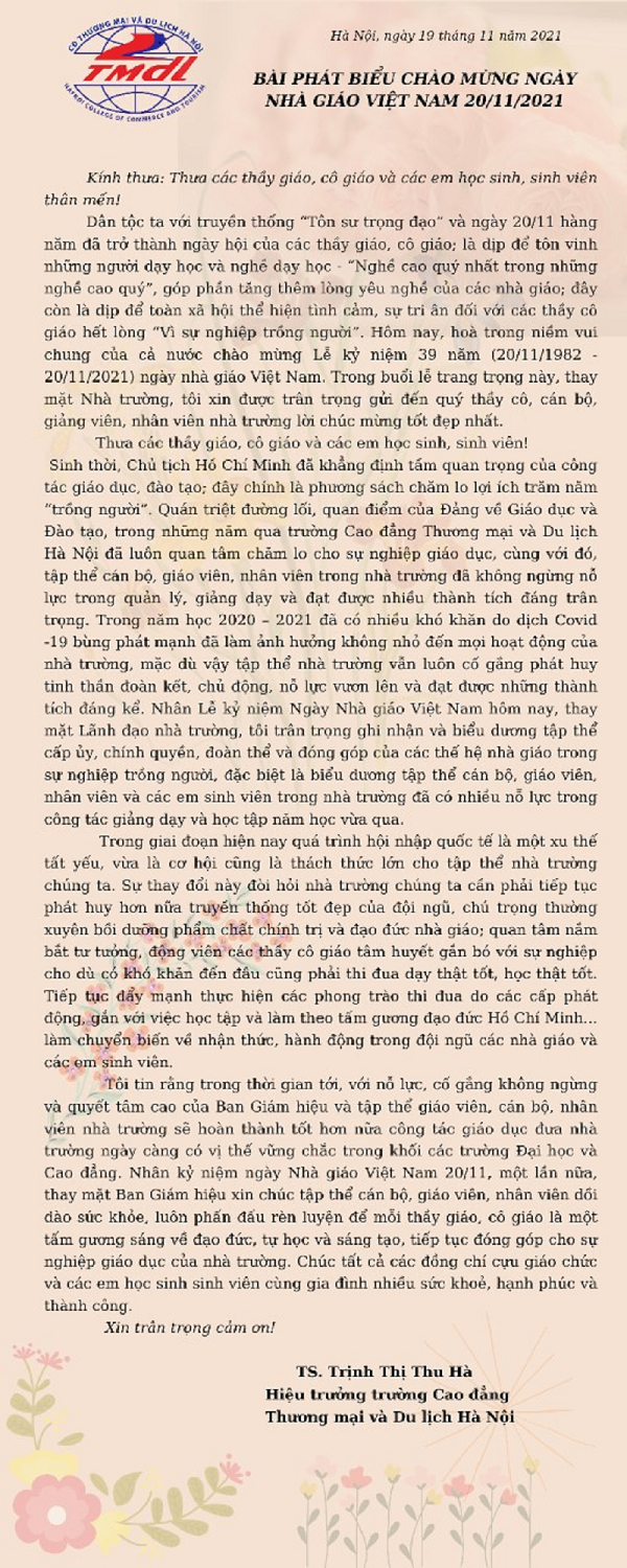 BÀI PHÁT BIỂU CHÀO MỪNG NGÀY NHÀ GIÁO VIỆT NAM 20/11/2021