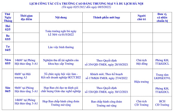 hcct Lịch công tác tuần 1 tháng 5 năm 2022