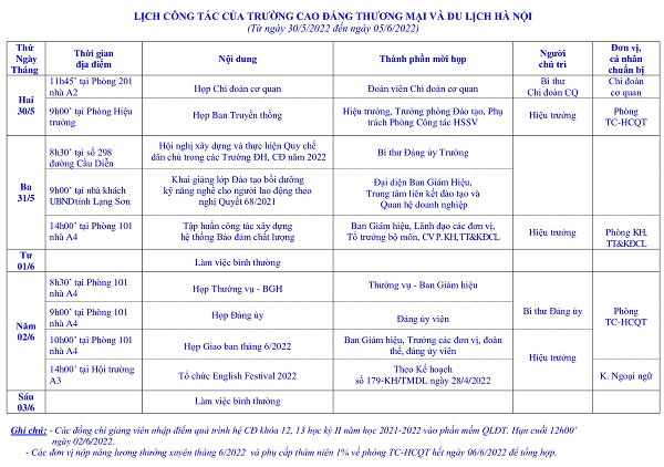 HCCT Lịch công tác tuần