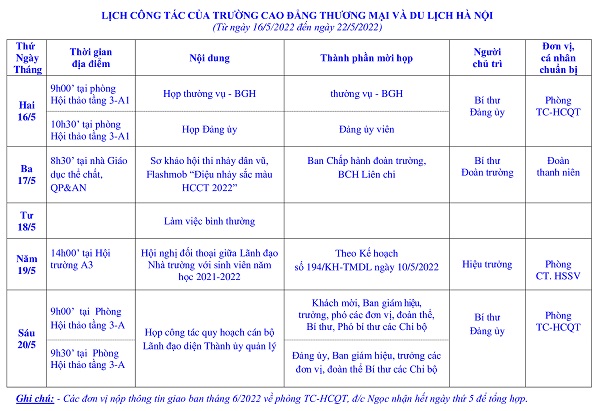 Lịch công tác tuần từ ngày 16/5/2022 đến ngày /5/2022