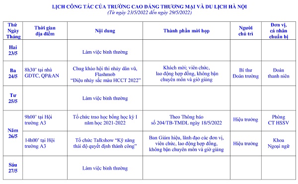 Lịch công tác tuần từ ngày 23/5/2022 đến ngày 29/5/2022