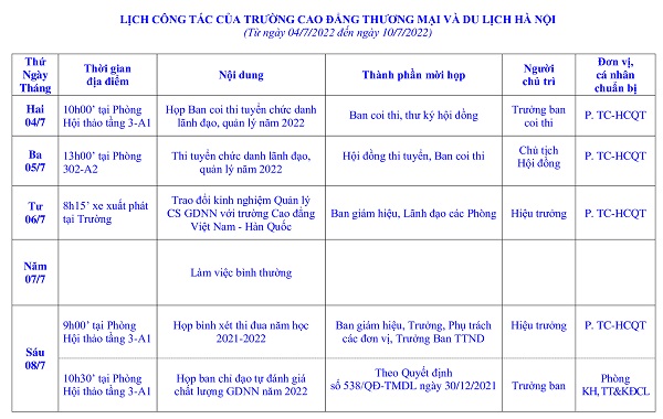 HCCT Lịch công tác tuần