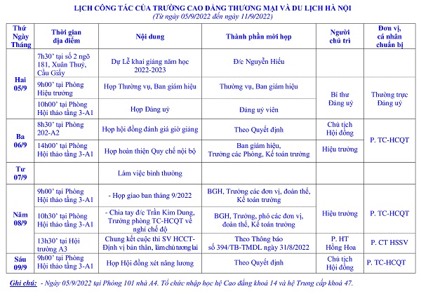 Lịch công tác tuần từ ngày 05/9/2022 đến ngày 11/9/2022