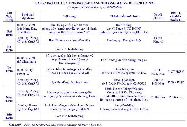 HCCT Lịch công tác tuần