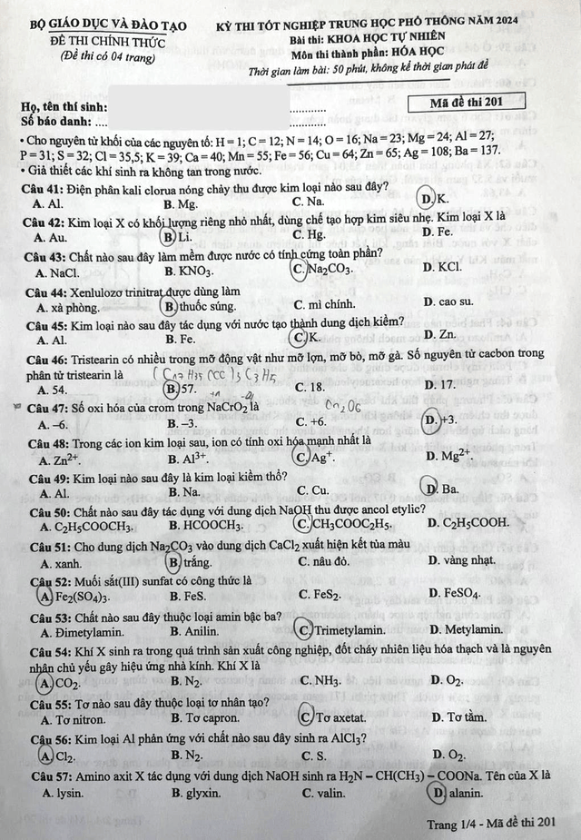 Đề thi chính thức môn Hóa Học tốt nghiệp THPT 2024 (trang 1)