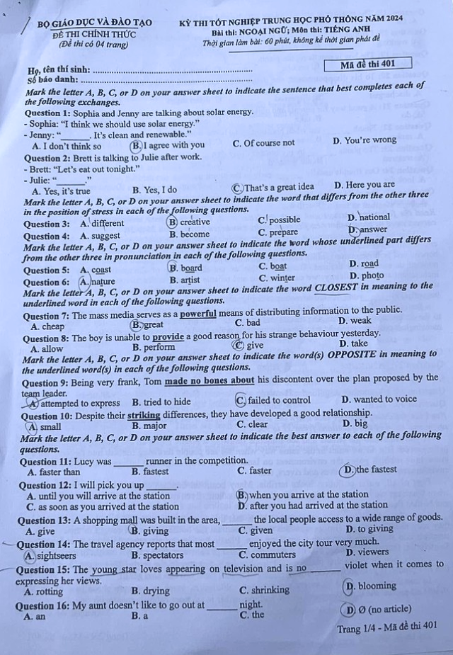 Đề thi chính thức môn Tiếng Anh tốt nghiệp THPT 2024 (trang 1)