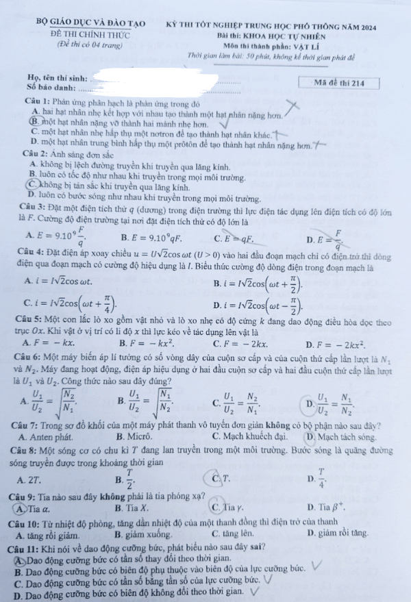 Đề thi tốt nghiệp THPT môn Vật Lý 2024 (trang 1)