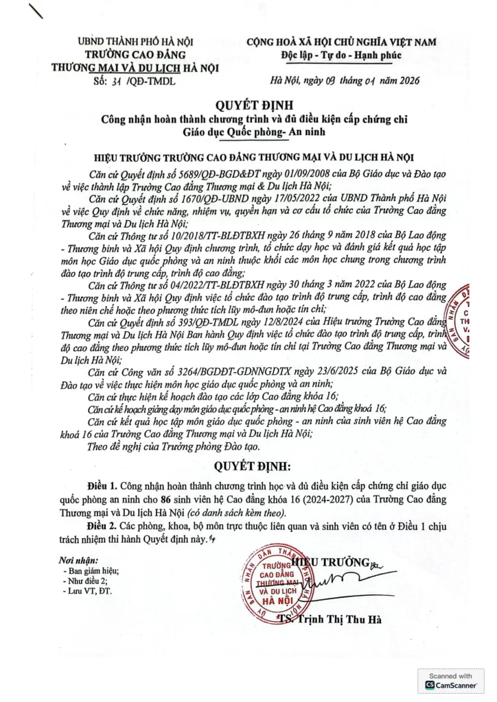 Quyết định công nhận hoàn thành chương trình và cấp chứng chỉ Giáo dục Quốc phòng An ninh