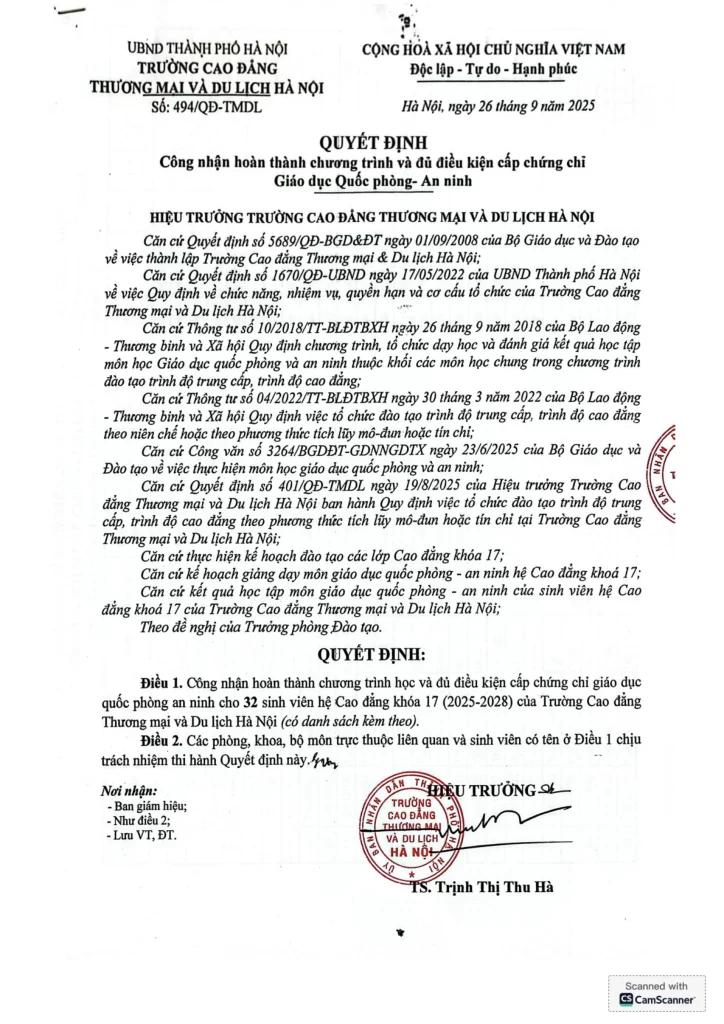 Quyết định công nhận hoàn thành chương trình và cấp chứng chỉ Giáo dục Quốc phòng An ninh