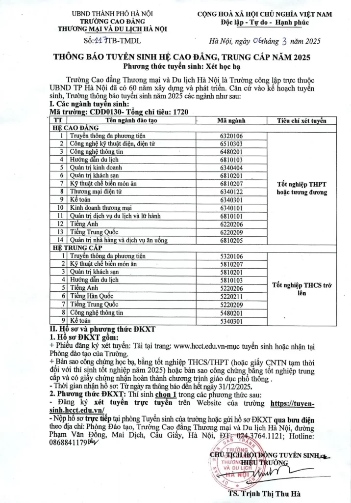 Thông báo tuyển sinh Hệ Cao đẳng - Trung cấp chính quy năm học 2025-2026